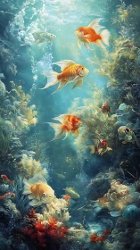 Multiple goldfish and reef fish occupy a detailed seabed scene.