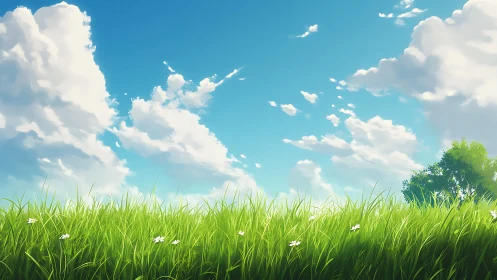 Sunlit meadow and drifting clouds under a bright blue sky.