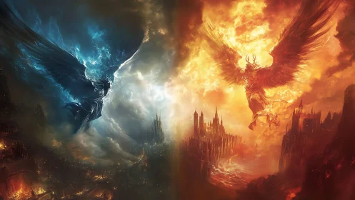 Celestial duel splits blue storm and burning citadel.