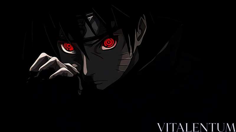 Red-eyed anime ninja emerges from darkness in stark focus.