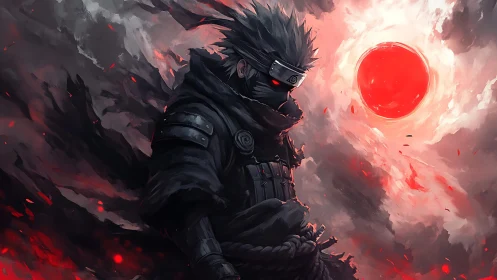Masked ninja figure stands before large red sun in clouds