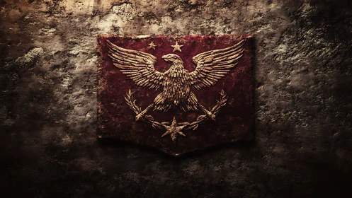Weathered heraldic eagle emblem on distressed crimson banner.
