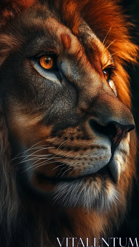 High-detail lion portrait with dramatic rim lighting and sharp focus