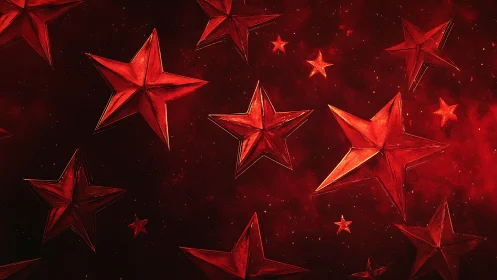 Crimson metal stars drift boldly through a glowing cosmic haze