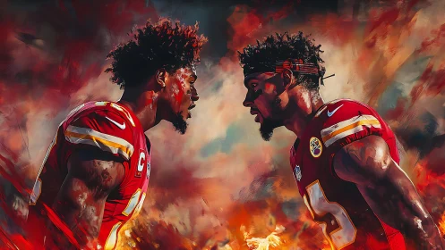 Intense gridiron faceoff in fiery digital portraiture style.