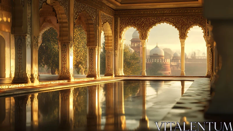 Golden Mughal arcade with reflective pool at sunrise.