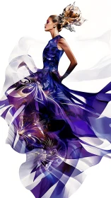 Digital painting of fashion figure with flowing violet fractals.