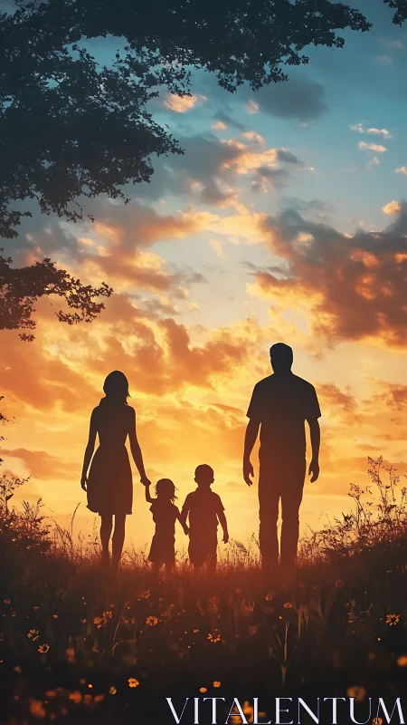 Silhouetted family walking in field under orange sunset sky.