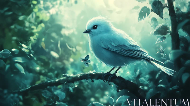 White Songbird on Branch in Magical Forest, Digital Art Style.
