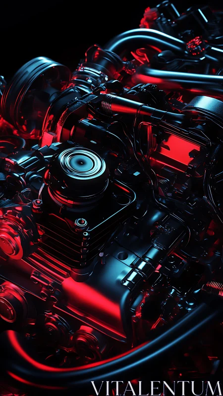 Detailed metallic engine assembly under red accent lighting.
