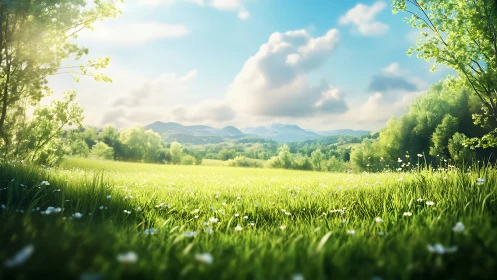 Sunlit meadow landscape with distant mountains and soft clouds.