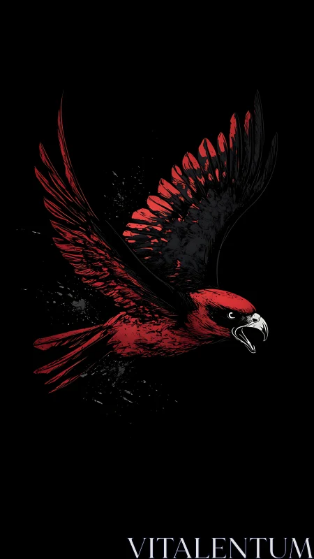 Scarlet raptor in dynamic flight on stark black ground.