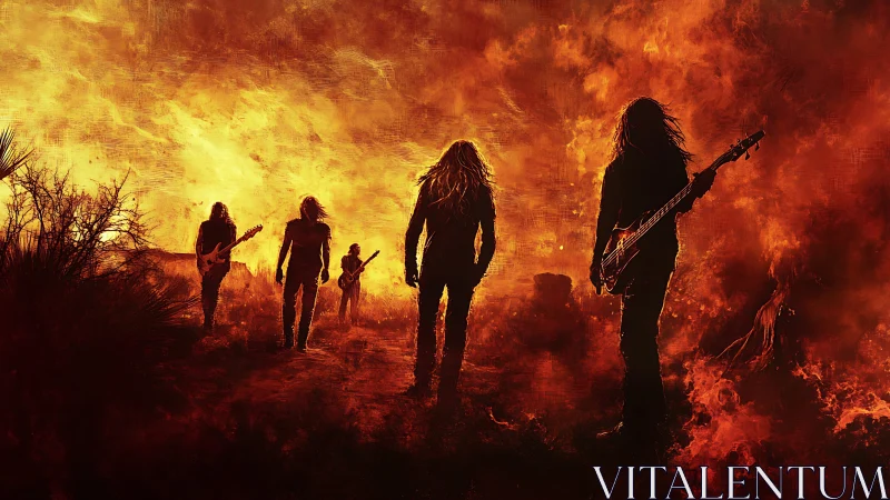 Rock band silhouettes perform against raging fire backdrop.