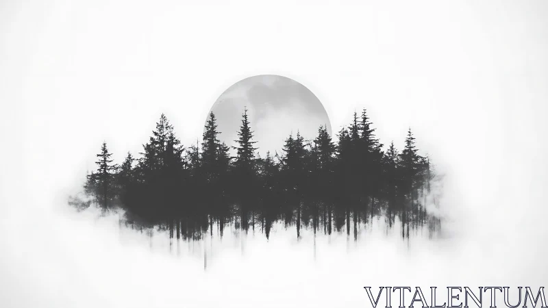 Moonlit pines hover like inkbrush whispers in rising fog