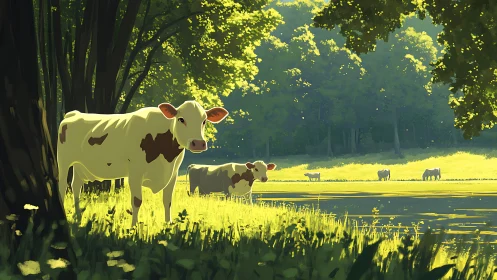 Cows stand in sunlit pasture beside a reflective water body