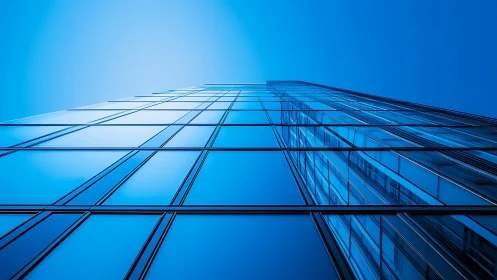 Glass curtain wall facade viewed from low angle upward.