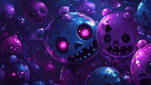 Glowing bubble skull critters drifting through neon night.