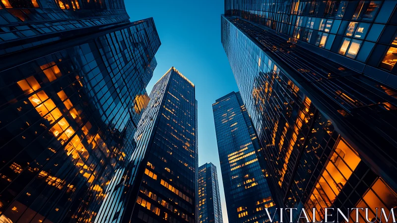 Skyscrapers glow with warm office lights against twilight sky.