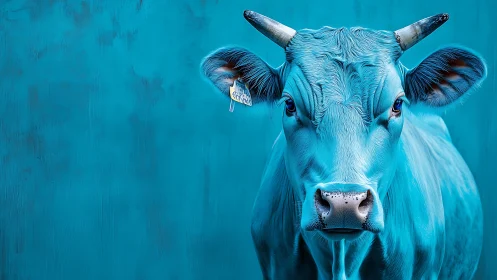 Icy-blue bovine stares down a turquoise painted universe.