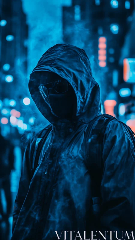 Mysterious hooded figure walks through neon blue city haze