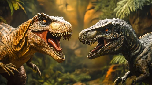 Roaring dinosaur rivals share a dramatic jungle standoff moment