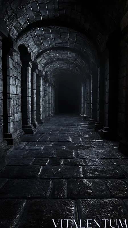 Ancient stone corridor disappears into a brooding darkness