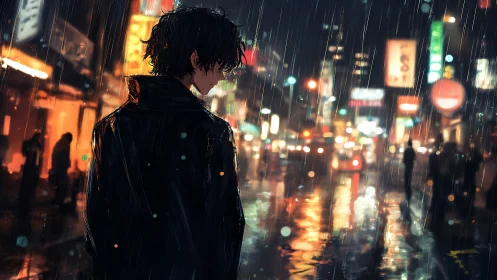 Nocturnal rain corridor with backlit solitary figure study.