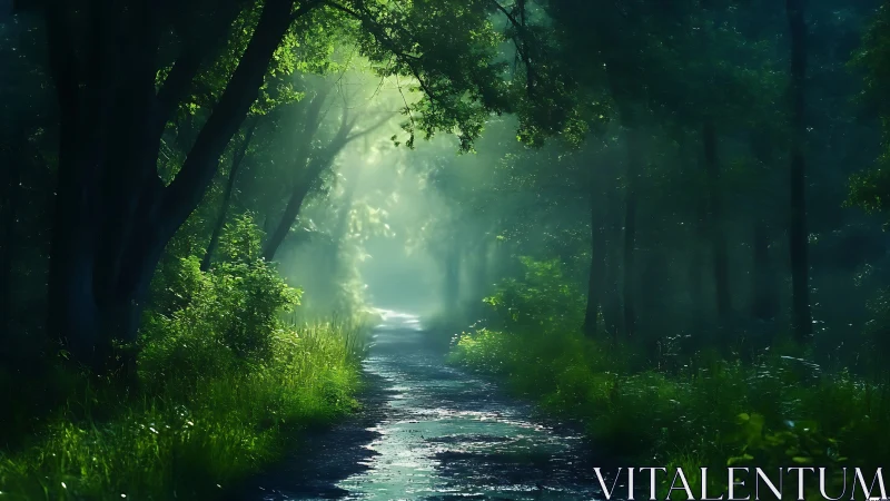 Enchanted Forest Path with Volumetric Light Rays and Stream