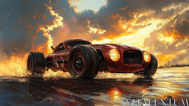 Retro hot rod blazing across reflective wet salt flats.