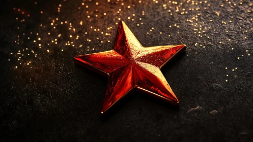 Metallic red star lies on textured black surface