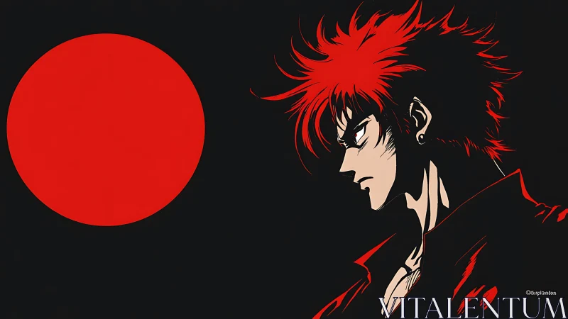 Red backlit anime profile with stark circular sun glyph