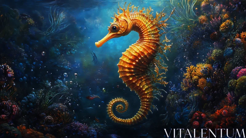 Golden seahorse drifts through radiant coral reef dreamscape.
