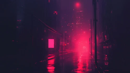 Neon-lit rainy cyberpunk street dissolves into crimson haze.