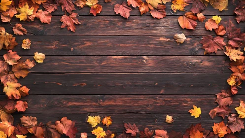 Warm autumn leaves gently frame a rustic wooden table