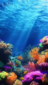 Colorful coral reef under clear blue ocean water.