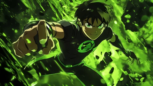 Vector-charged teen hero in emerald kinetic explosion field.