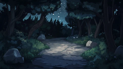 Forest clearing with moonlit water stream and nocturnal vegetation