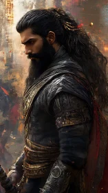 Brooding warrior prince in ornate leather and bronze armor.