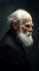 Stoic white‑bearded elder studies the darkness beyond frame