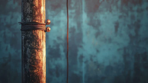 Weathered wooden pole in moody teal evening light.