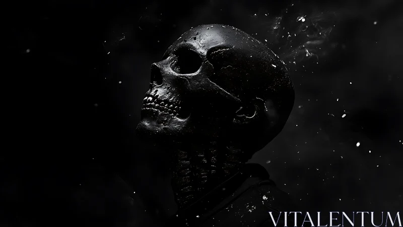 Glossy obsidian skull profile under fractured starlit void.