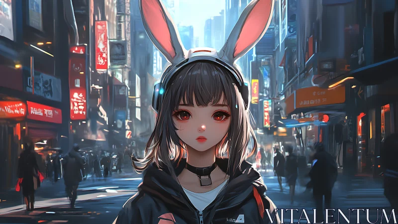 Streetlit bunny-eared dreamer wandering neon canyon nights.