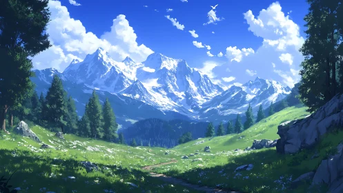 Sunlit alpine meadow with snow-capped peaks and deep aerial depth