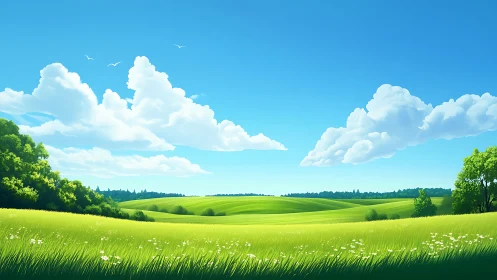 Wide-angle stylized countryside meadow under clear blue sky