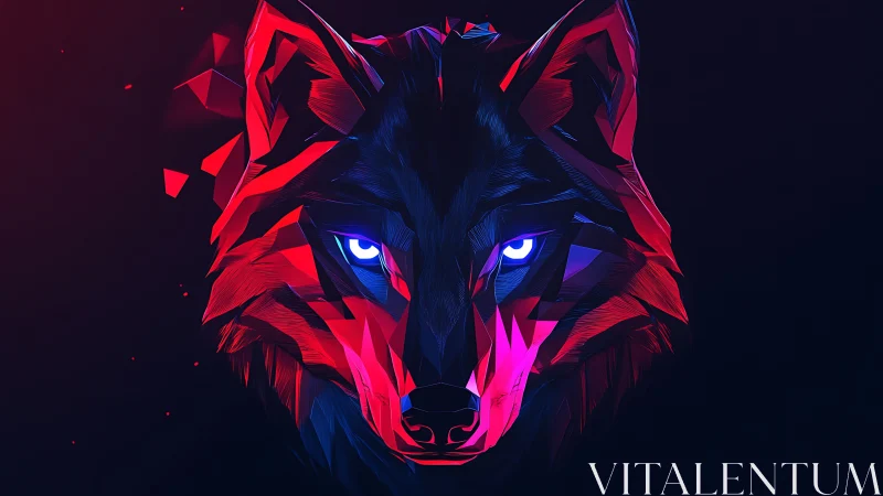 Neon polygon wolf portrait with glowing electric eyes.