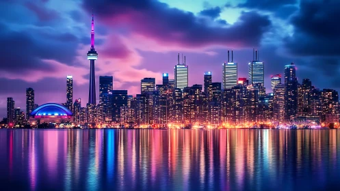 Vibrant city skyline at night with tower and reflections.