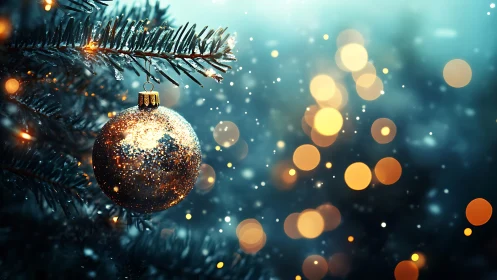 Specular gilded bauble on conifer branch with bokeh field.