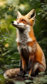 Red fox sitting alert in dense green forest setting.