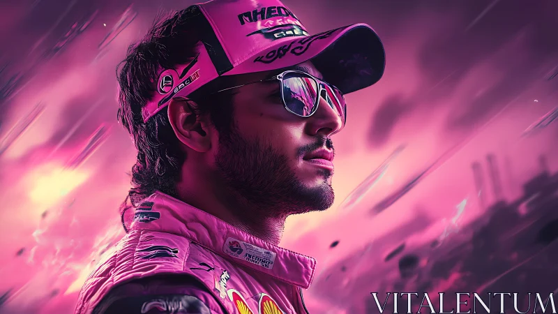 Confident racer in glowing pink neon race day dreamscape.