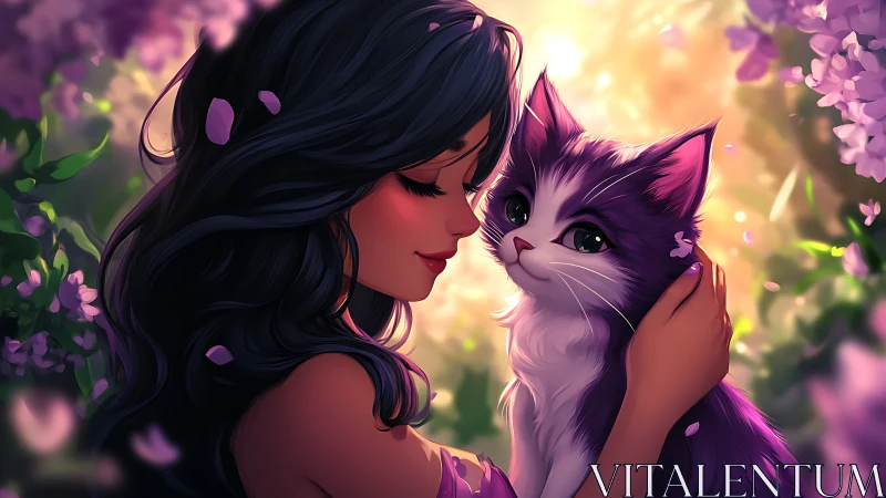 Woman with Ethereal Cat in Luminous Floral Garden.